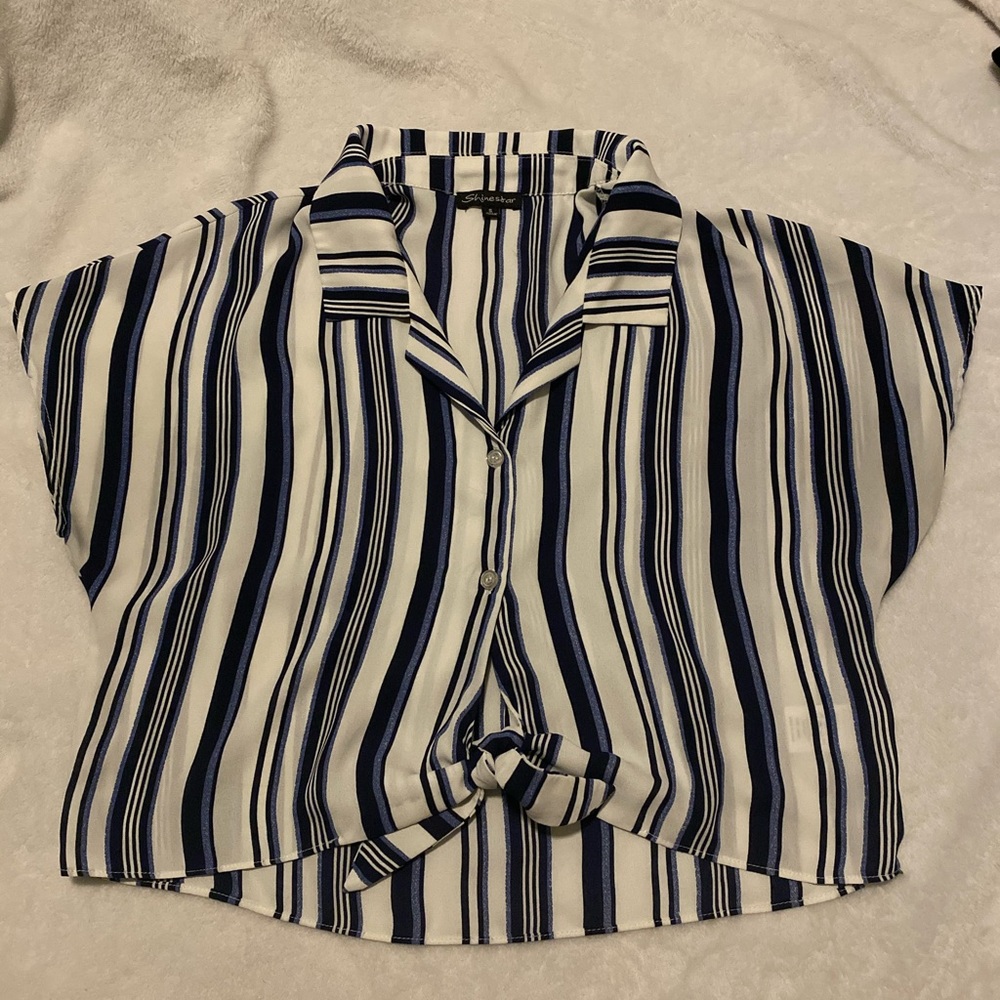 blue and white striped tie up shirt